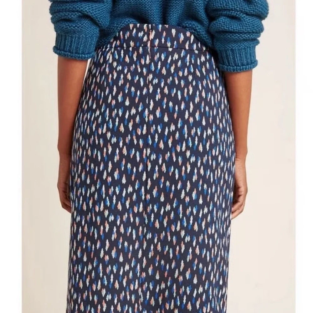 Anthropologie Debra Blue Patterned Pencil Faux Wrap Skirt - Picture 2 of 7